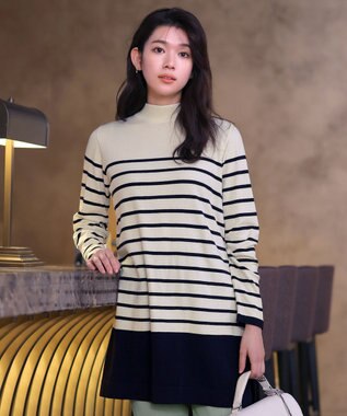 Tiaclasse 【洗える】ボーダーニットチュニック オフホワイト×ネイビー