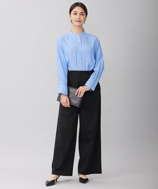 自由区 【洗える】SOMELOSテンセルバンドカラー シャツ サックス×オフ