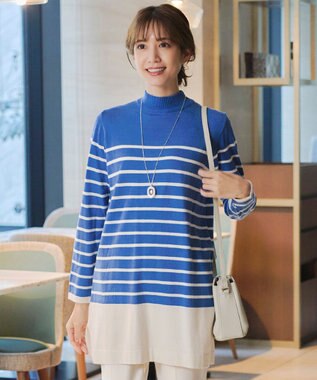 Tiaclasse 【洗える】ボーダーニットチュニック ブルー×オフホワイト