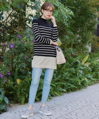 Tiaclasse 【洗える】ボーダーニットチュニック ブラック×オフホワイト