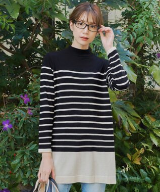 Tiaclasse 【洗える】ボーダーニットチュニック ブラック×オフホワイト