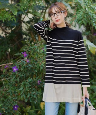 Tiaclasse 【洗える】ボーダーニットチュニック ブラック×オフホワイト