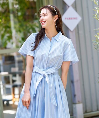 Tiaclasse L 【洗える】フレアスリーブシャツワンピース サックスストライプ