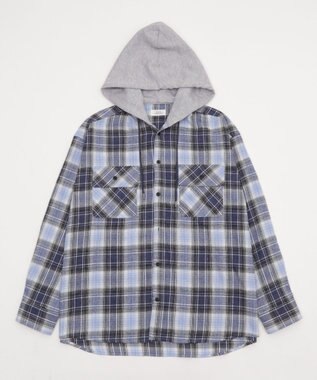 WEGO 【25年秋冬新作/ユニセックス着用ITEM/MLサイズ展開】オンブレチェックフードネルシャツ（LS） ブルーチェック1
