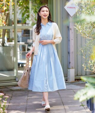 Tiaclasse L 【洗える】フレアスリーブシャツワンピース サックスストライプ