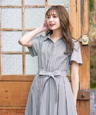 Tiaclasse L 【洗える】フレアスリーブシャツワンピース グレーストライプ