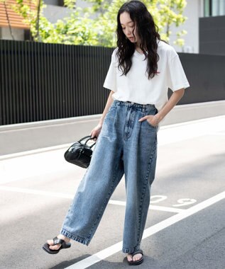 WEGO 【ユニセックス着用ITEM/ウエストゴム/SMLサイズ展開】デニムルーズテーパードパンツ デニム中濃加工色