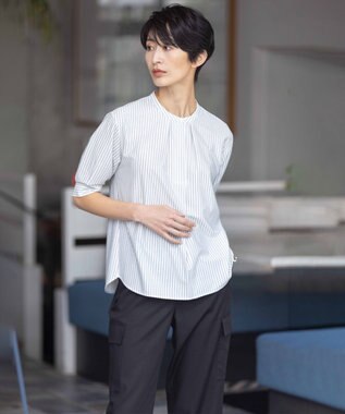 J.PRESS LADIES L 【イージーケア】ストライプジャージー バンドカラー カットソー ホワイト系1