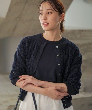 組曲 【先行予約・前後着用可】コットンフラワーレーシー カーディガン ネイビー系