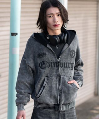 WEGO 【ユニセックス着用ITEM】ブリーチニットグラフィックZIPパーカー ブラックその他