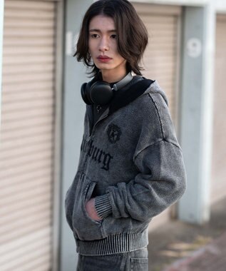 WEGO 【ユニセックス着用ITEM】ブリーチニットグラフィックZIPパーカー ブラックその他