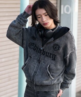 WEGO 【ユニセックス着用ITEM】ブリーチニットグラフィックZIPパーカー ブラックその他