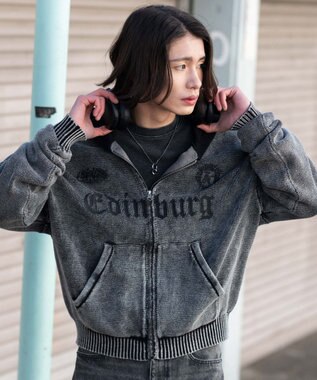 WEGO 【ユニセックス着用ITEM】ブリーチニットグラフィックZIPパーカー ブラックその他