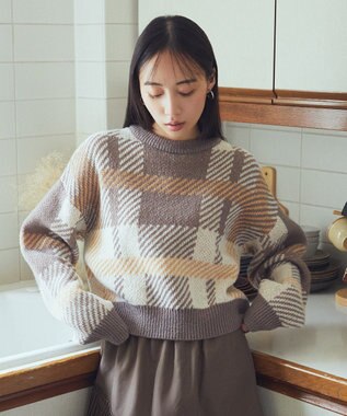 earth music&ecology チェックニットプルオーバー Beige