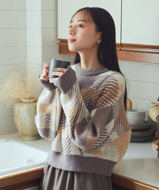 earth music&ecology チェックニットプルオーバー Beige