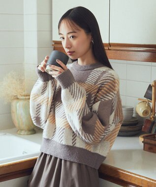 earth music&ecology チェックニットプルオーバー Beige