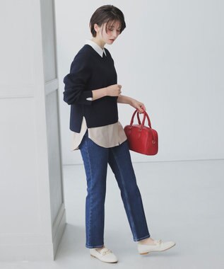 ANY SIS L ニットレイヤード シャツ ツインセット ネイビー×グレージュ