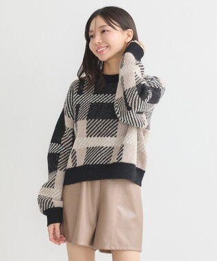 earth music&ecology チェックニットプルオーバー Black