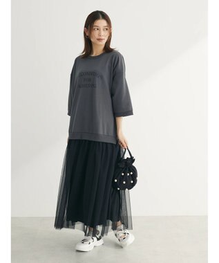 Green Parks ７分袖チュールドッキングロゴワンピース Charcoal Gray