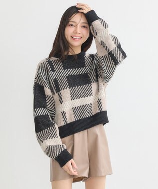 earth music&ecology チェックニットプルオーバー Black