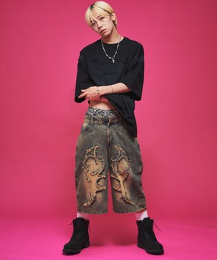 WEGO 【ユニセックス着用ITEM】ダメージアップリケグラフィックT（SS） ブラック