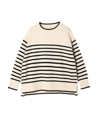 earth music&ecology ウォッシャブル脇スリットクルーネックプルオーバー Border Ivory