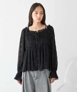 earth music&ecology シャーリングフリルオフショルブラウス Black