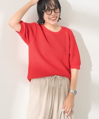 AMERICAN HOLIC 透かし編み半袖ニットプルオーバー Red