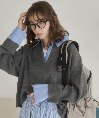 WEGO 【ANGIE VINTAGE】シャツ襟 ドッキング　フェイクレイヤード ニット トップス グレー