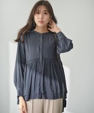 ANY SIS S 【洗える】かさねシャーリング ブラウス ダークブルー