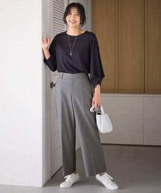 ANY L 【洗濯機可/ウエストゴム/２ＷＡＹストレッチ】ワイドパンツ グレーストライプ