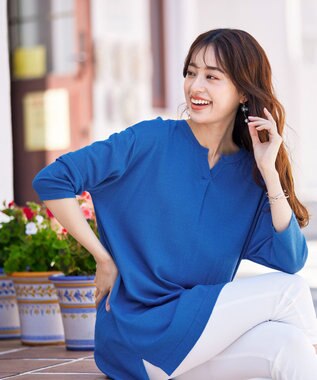 Tiaclasse 【洗える】キーネックニットチュニック ブルー