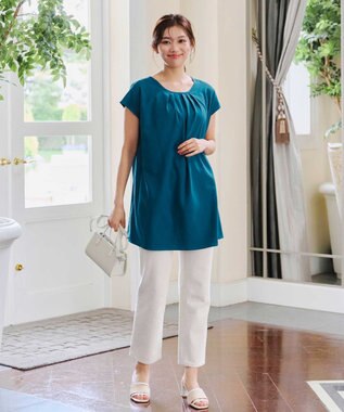 Tiaclasse 【洗える】フレアフレンチチュニックブラウス ターコイズ