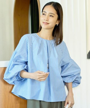 自由区 L 【SHIHOさん着用】ボリュームスリーブ ブラウス サックスストライプ