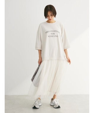 Green Parks ７分袖チュールドッキングロゴワンピース Beige