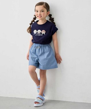 ANY KIDS 【綿100%】ひんやり フレンチスリーブ サガラ刺繡Tシャツ ネイビー×イヌ