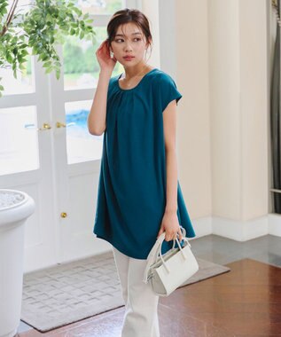 Tiaclasse 【洗える】フレアフレンチチュニックブラウス ターコイズ