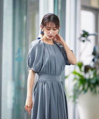 Tiaclasse L 【洗える】麻調ギャザーワンピース ブルー