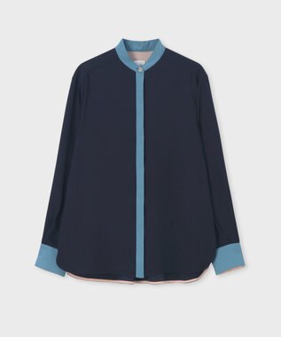 Paul Smith バックサテン ジョーゼット スタンドカラー ブラウス ネイビー