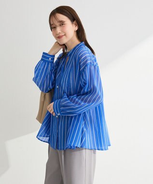 Green Parks フレアラインスキッパーブラウス Stripe Sax