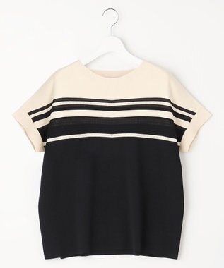 自由区 【洗える】クレープストレッチブロッキングボーダー ニット ネイビー系1