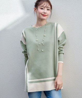 Tiaclasse 【新色追加・洗える】配色ニットチュニック ミント×アイボリー
