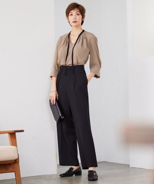 ICB L 【UVケア・洗える】ウール2WAYストレッチ ワイドストレートパンツ ブラック系