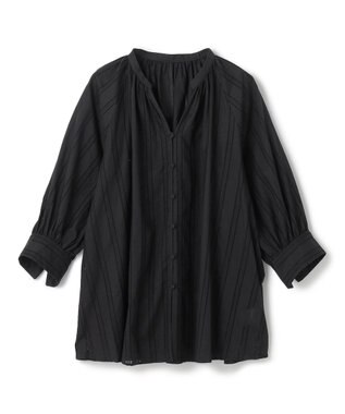 UNFILO ストライプレース ギャザーブラウス ブラック