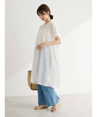 Green Parks インド綿 　ギャザー５分袖チュニック Off White