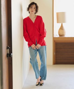 #Newans 【洗える】ファインボタンＶネックカーディガン レッド
