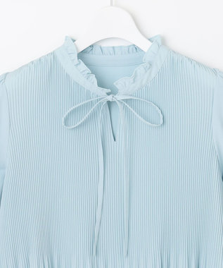 Feroux 【洗える】プリーツコンビ半袖 ブラウス スカイブルー系