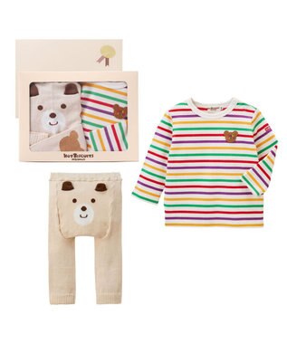 MIKI HOUSE HOT BISCUITS ボーダー柄長袖Tシャツ＆ベビースパッツギフトセット【BOX付き】 アイボリー