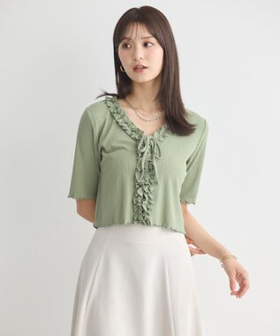 earth music&ecology フリルカットリブカーディガン Green