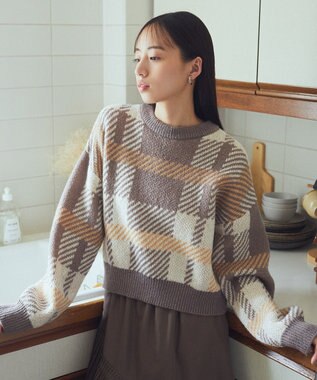 earth music&ecology チェックニットプルオーバー Beige